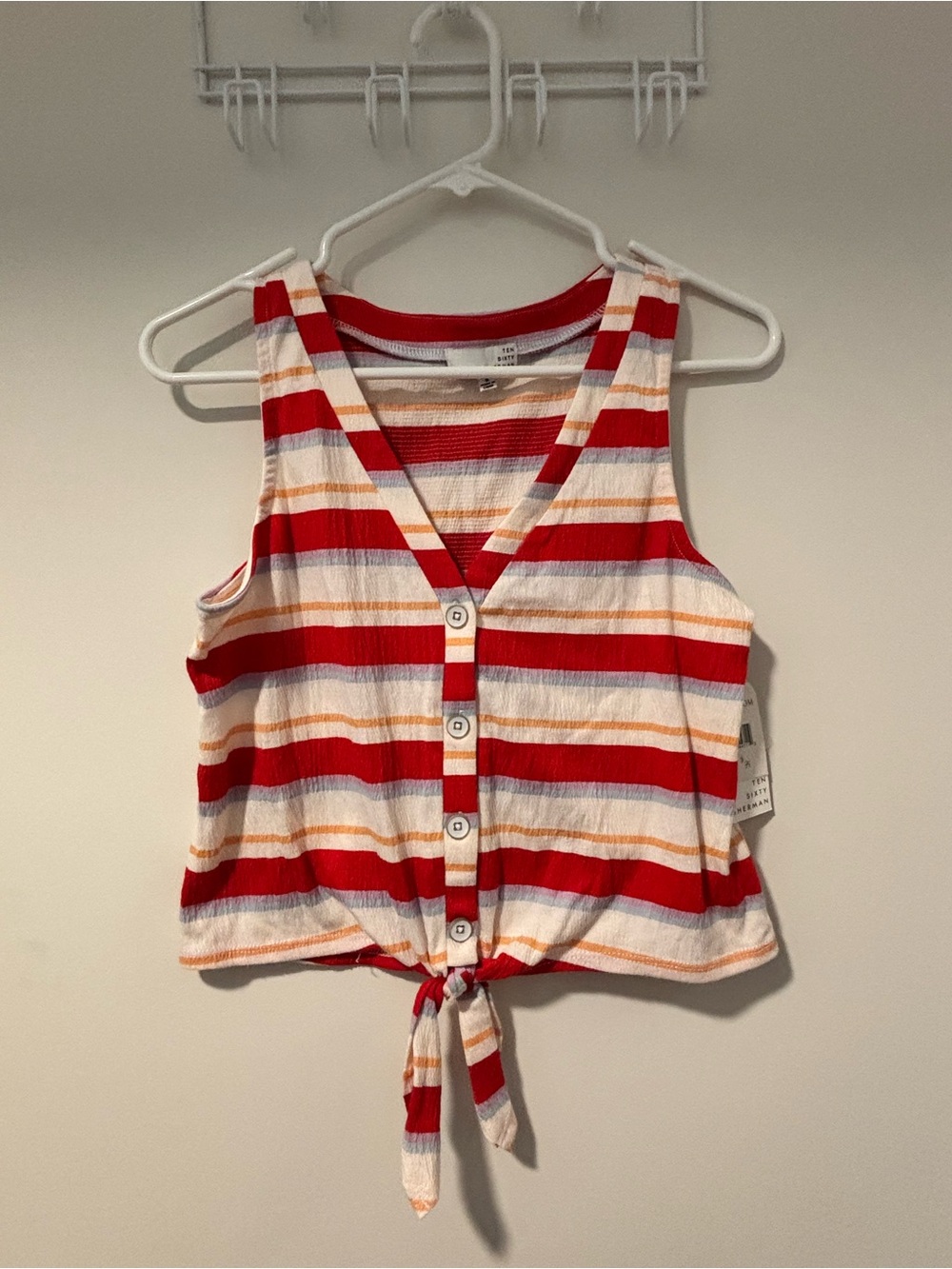 NWT Ten Sixty Sherman Red, White & Orange Striped Tie-Front Tank